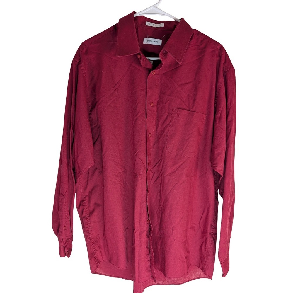 Pierre Cardin Button Down Shirt Mens 17.5 34/35 Burgundy Long Sleeve Collared - Picture 1 of 13